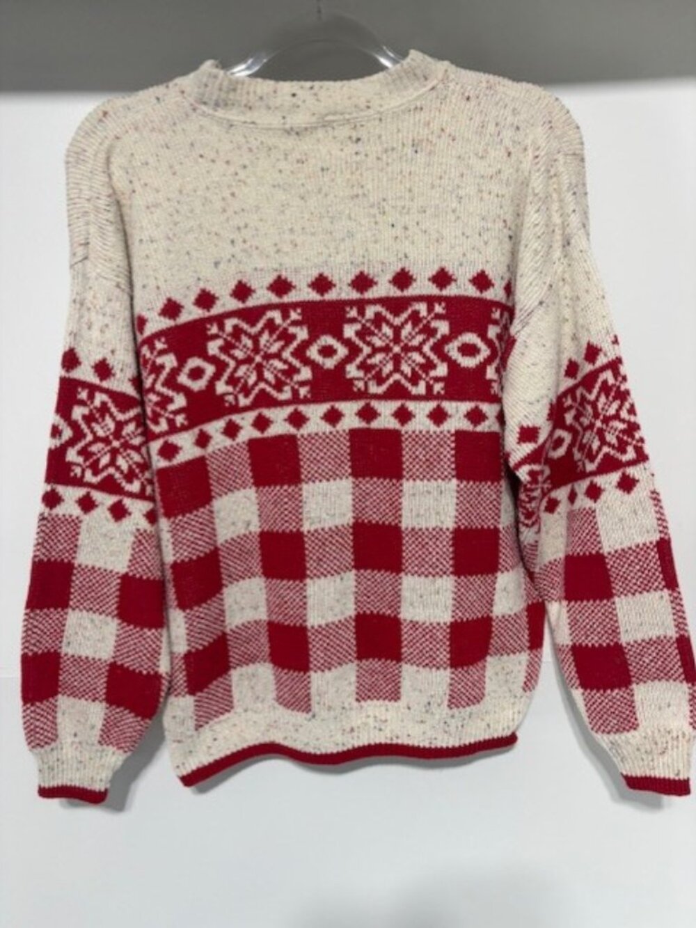Cabin Creek M USA 100% Cotton Fair Isle Buffalo Plaid Sweater Red Cream Vintage - Picture 3 of 5